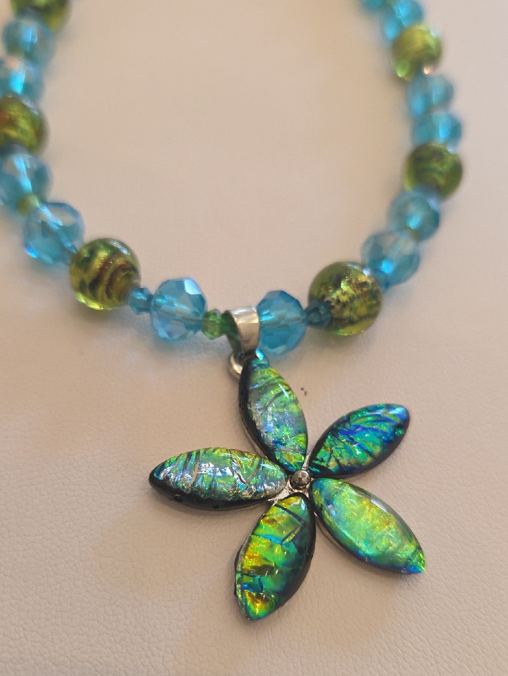 Blue-Green Flower Pendant Necklace Set